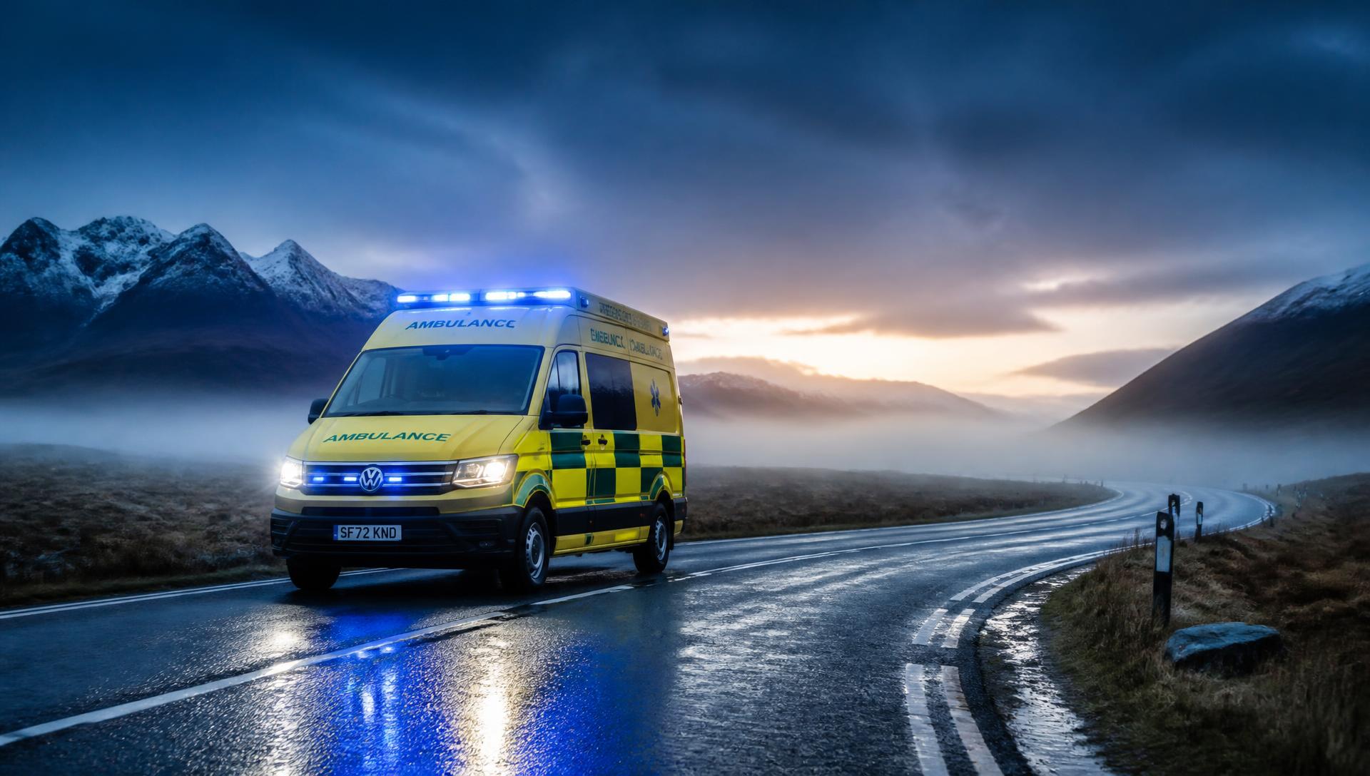 Alba EMS ambulance with blue lights on a wet rural road at dusk